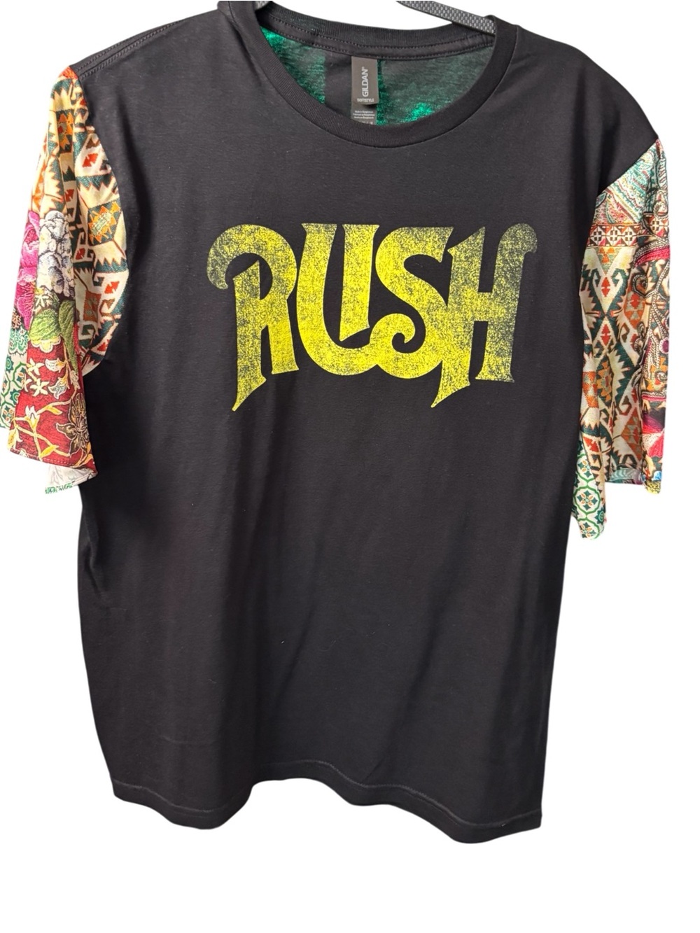 Rush Graphic Black Tee Upcycled with Boho Patterned Sleeves